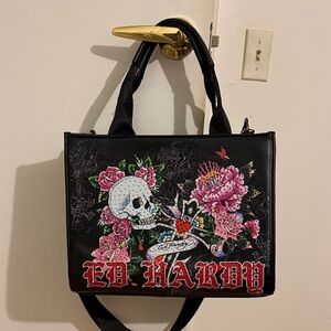 Ed Hardy Black Tote with Floral and Skull Design